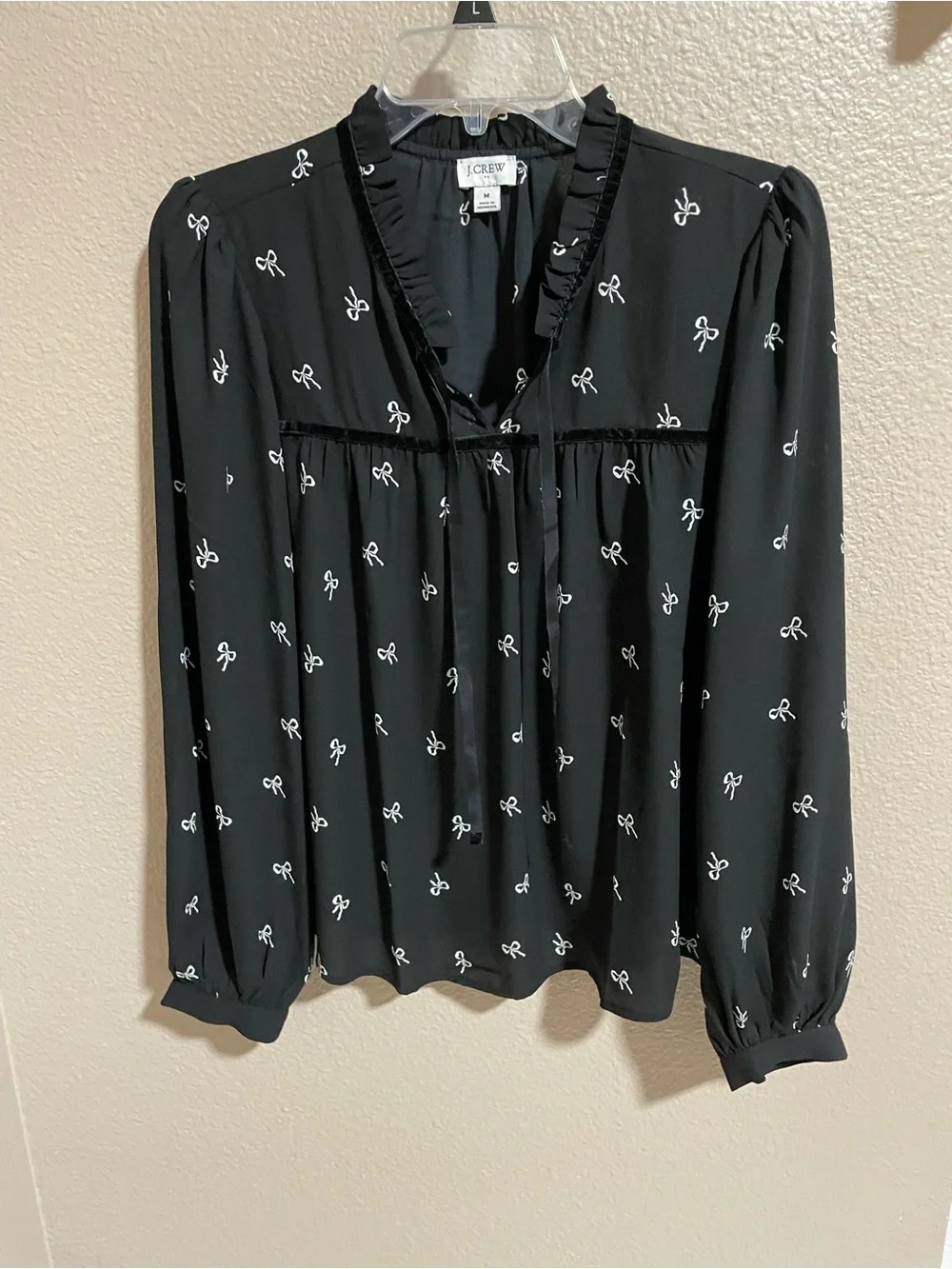 J. Crew Black Bow-Print Long-Sleeve Blouse